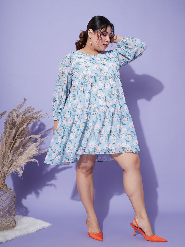 Women's Turquoise Blue Floral Tiered Dress - SASSAFRAS