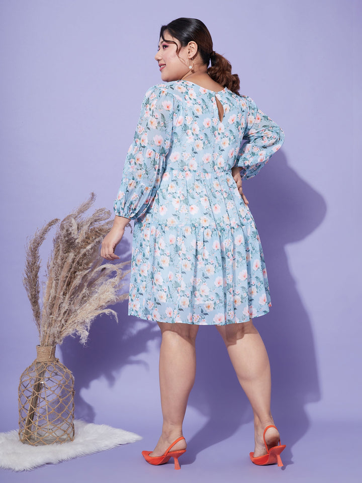 Women's Turquoise Blue Floral Tiered Dress - SASSAFRAS