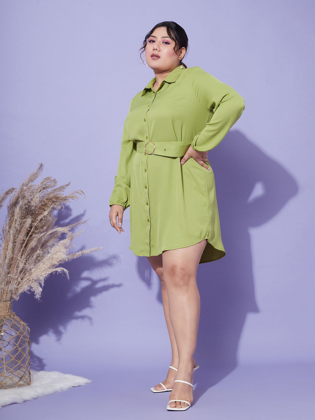 Women's Green Front Open Button Shirt Dress - SASSAFRAS