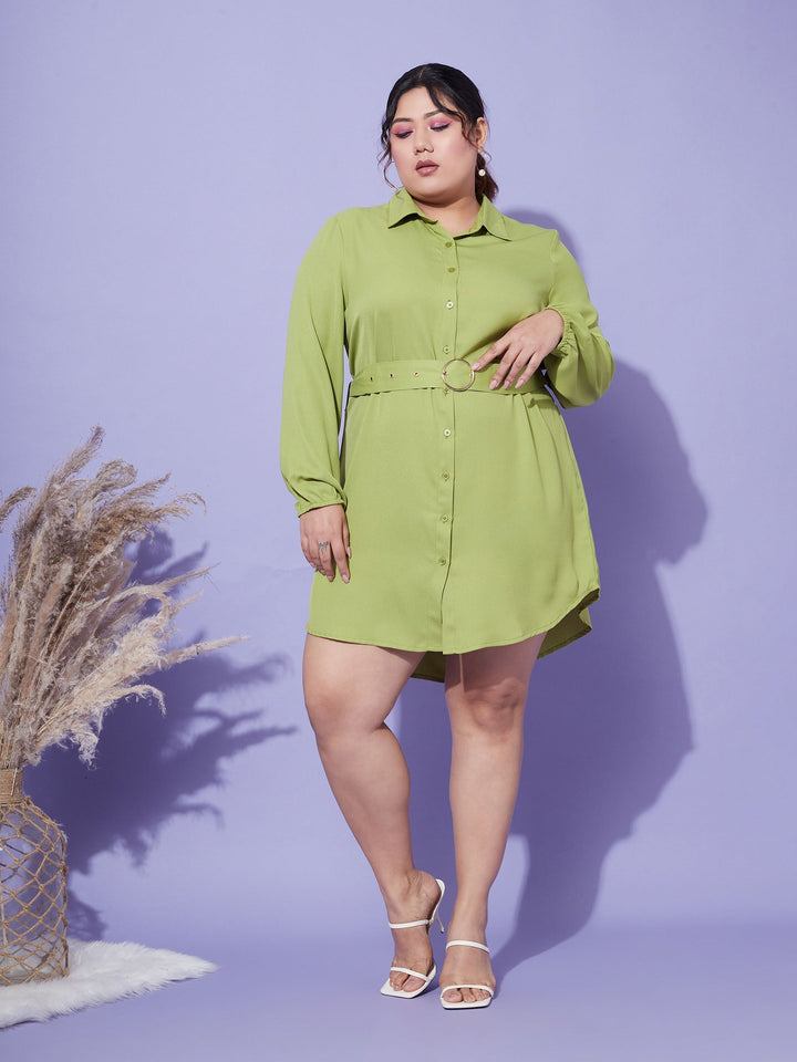 Women's Green Front Open Button Shirt Dress - SASSAFRAS