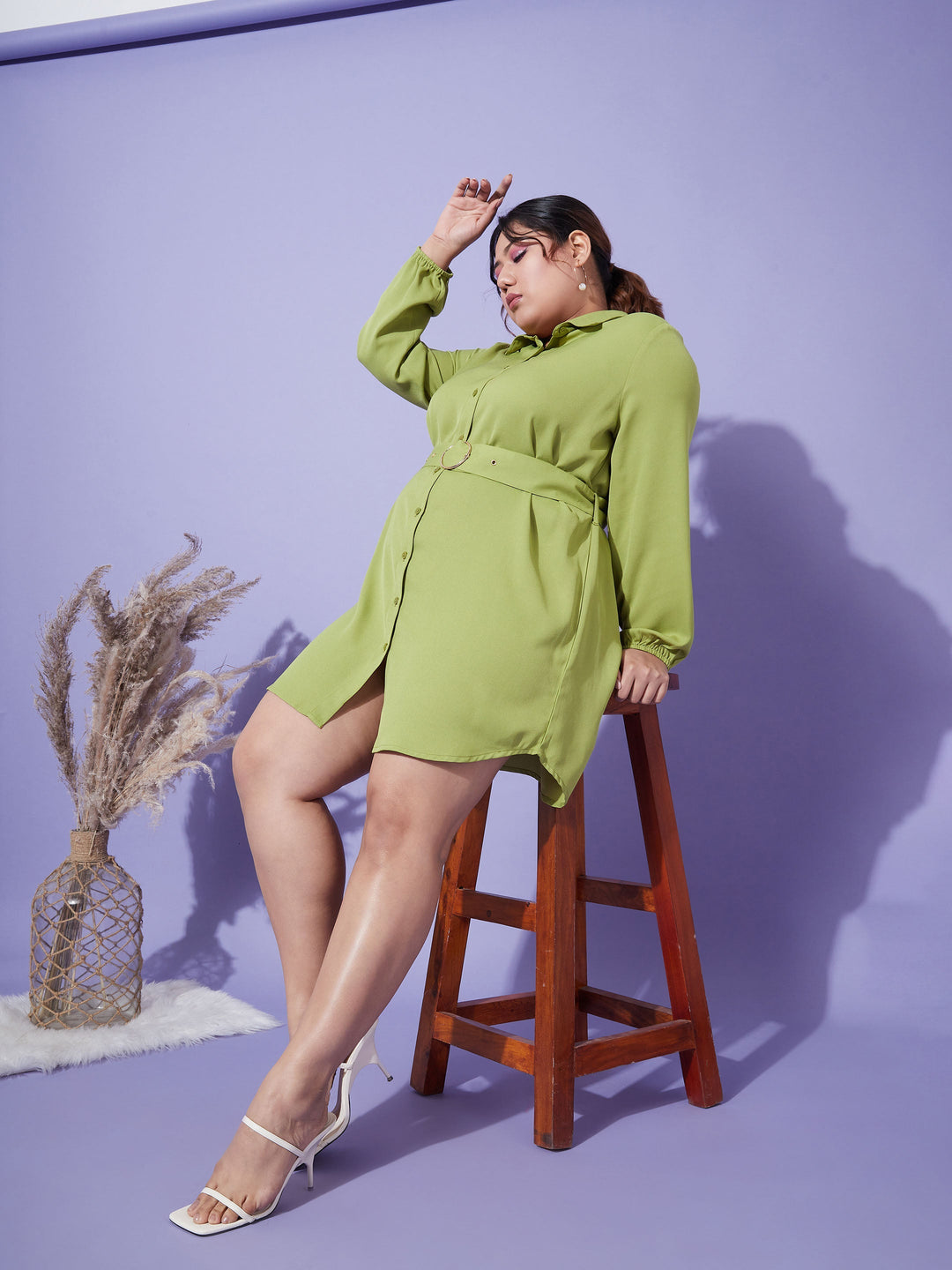 Women's Green Front Open Button Shirt Dress - SASSAFRAS