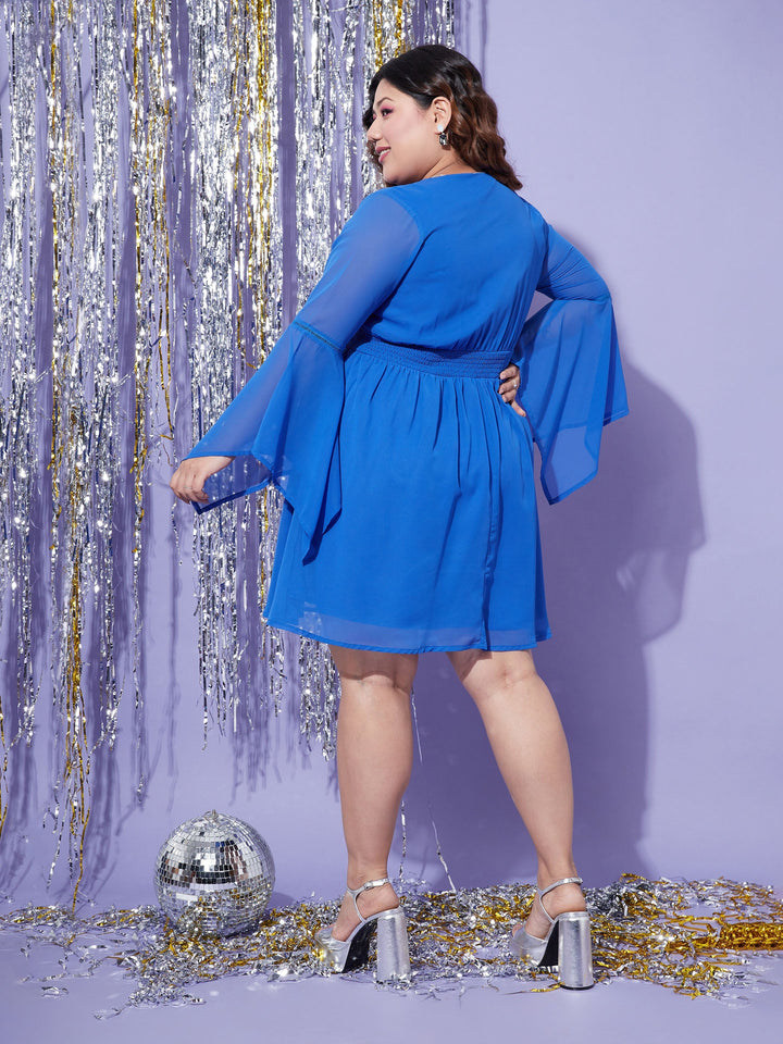 Women's Blue Boho Sleeve Skater Dress - SASSAFRAS