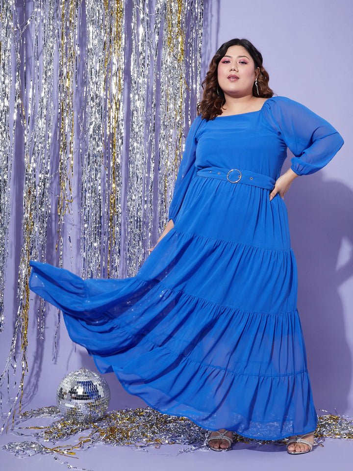 Women's Blue Off Shoulder Tiered Maxi Dress - SASSAFRAS