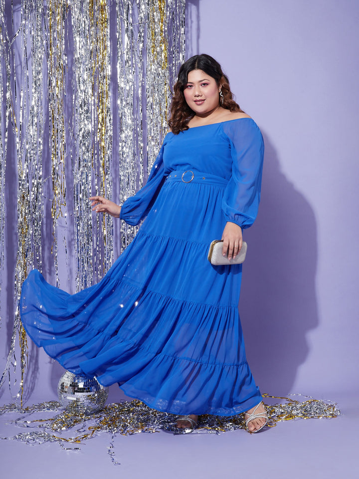 Women's Blue Off Shoulder Tiered Maxi Dress - SASSAFRAS