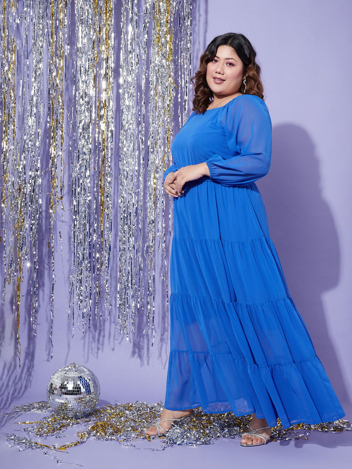 Women's Blue Off Shoulder Tiered Maxi Dress - SASSAFRAS