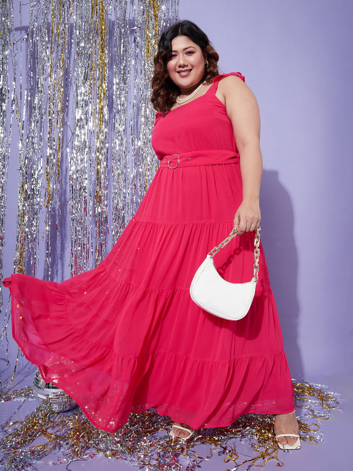 Women's Magenta Strappy Frill Tiered Maxi Dress - SASSAFRAS