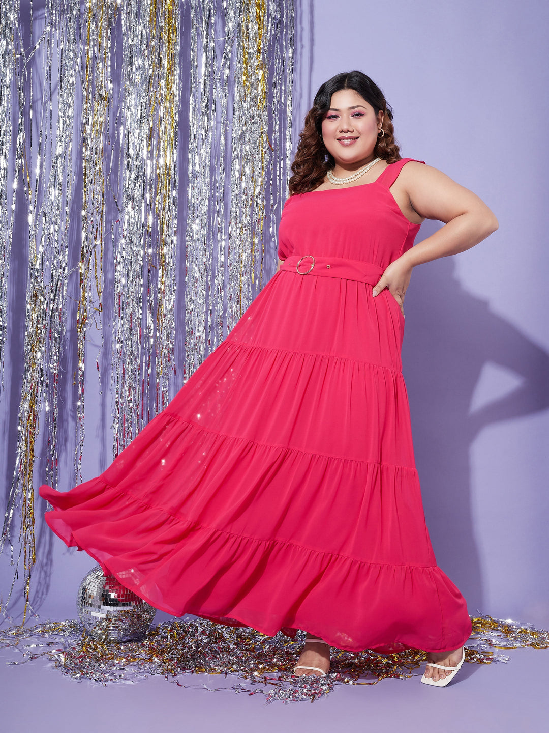 Women's Magenta Strappy Frill Tiered Maxi Dress - SASSAFRAS