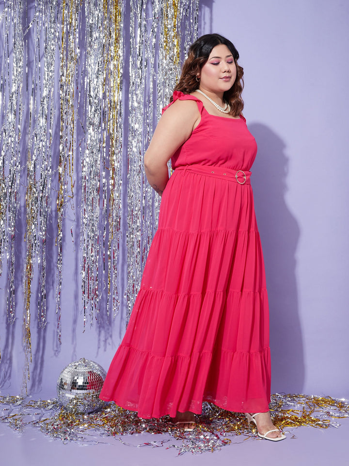 Women's Magenta Strappy Frill Tiered Maxi Dress - SASSAFRAS