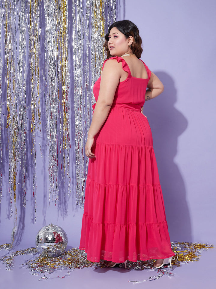 Women's Magenta Strappy Frill Tiered Maxi Dress - SASSAFRAS