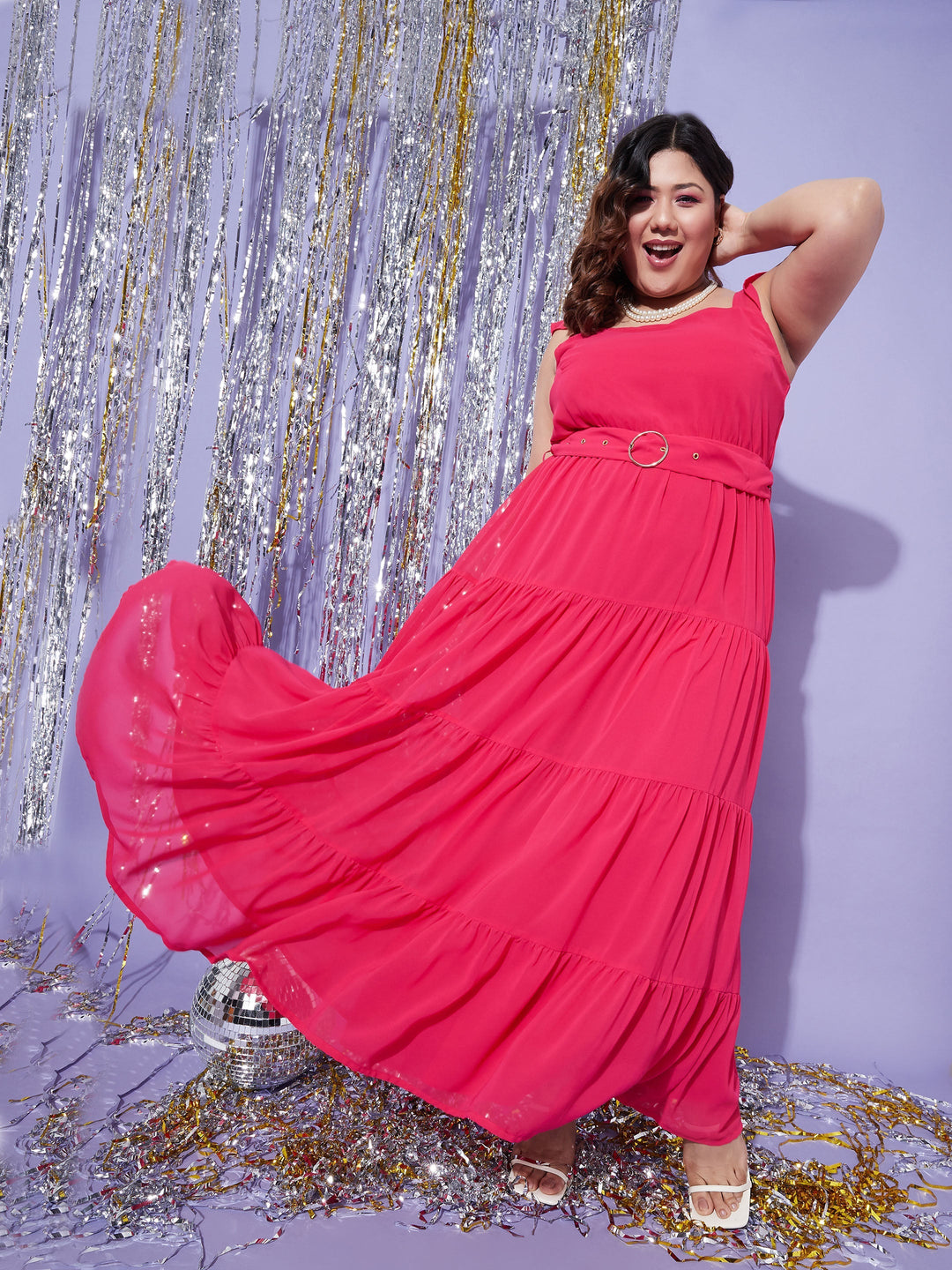 Women's Magenta Strappy Frill Tiered Maxi Dress - SASSAFRAS