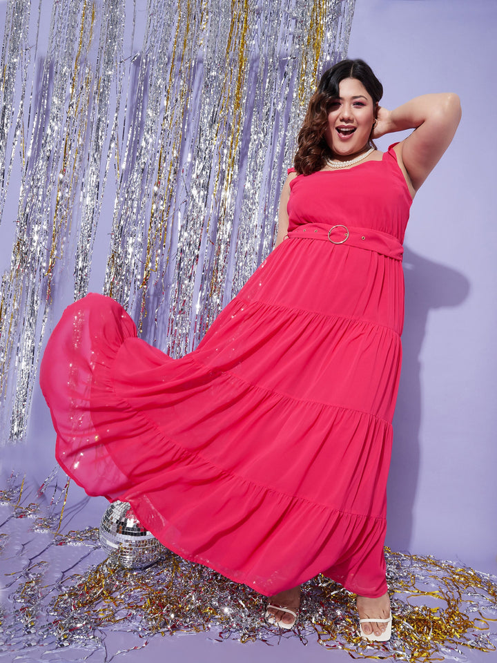 Women's Magenta Strappy Frill Tiered Maxi Dress - SASSAFRAS