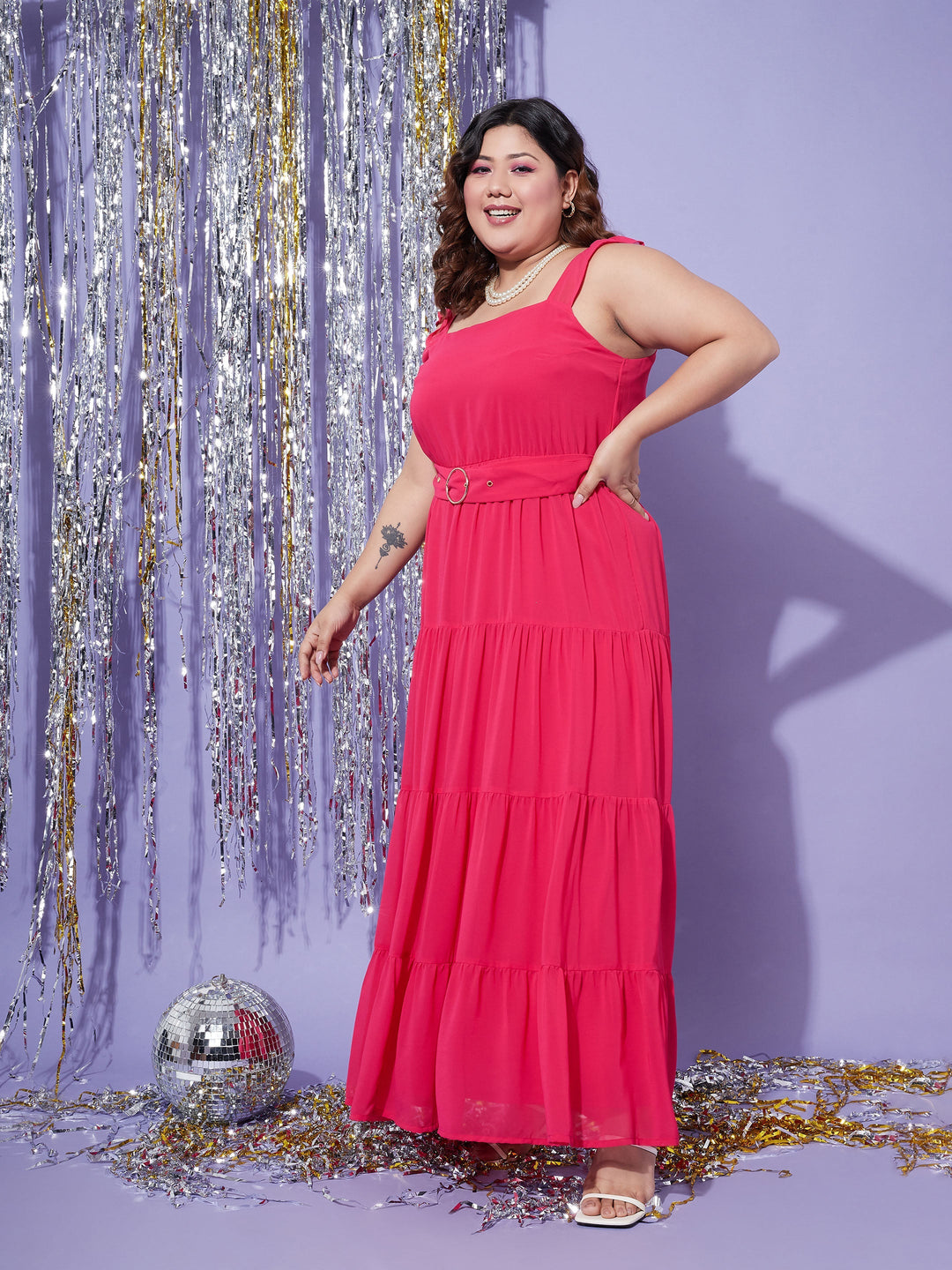 Women's Magenta Strappy Frill Tiered Maxi Dress - SASSAFRAS