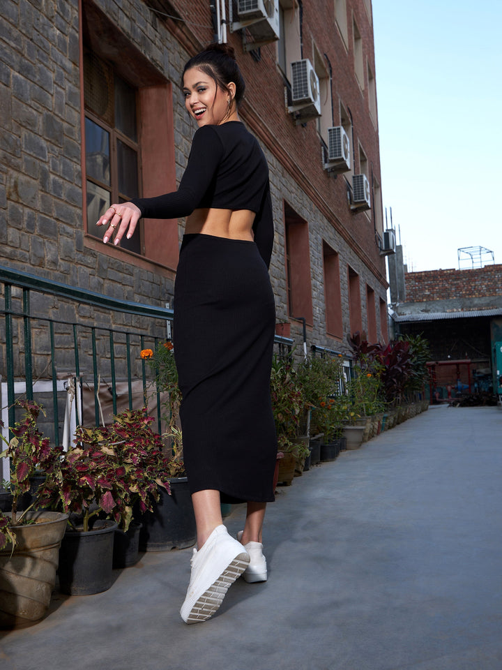 Women's Black Rib Waist Cut Out Maxi Dress - SASSAFRAS