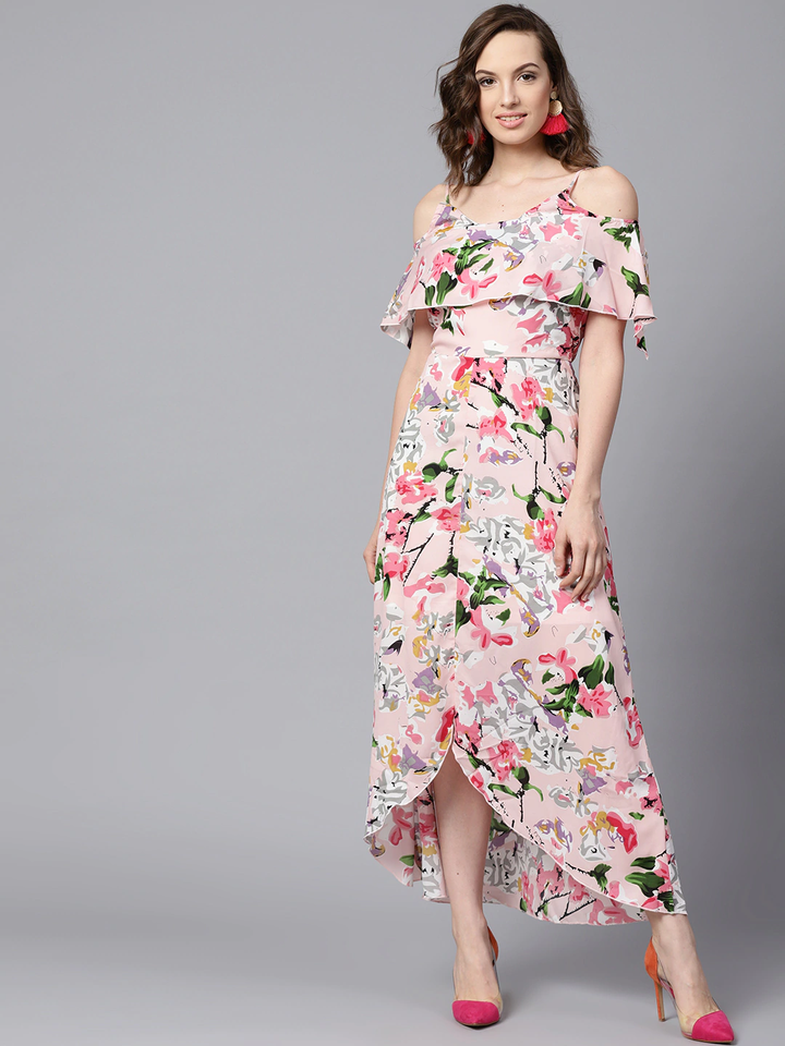 Women's Pink Floral Layered High Low Maxi Dress - SASSAFRAS