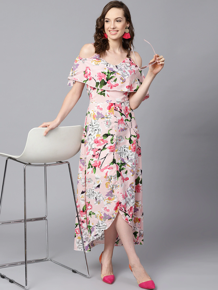 Women's Pink Floral Layered High Low Maxi Dress - SASSAFRAS