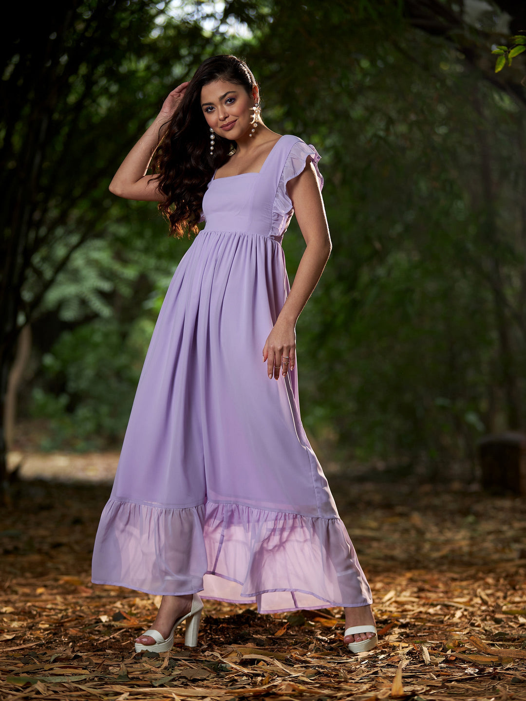 Women's Lavender Square Neck Frill Hem Maxi Dress - SASSAFRAS