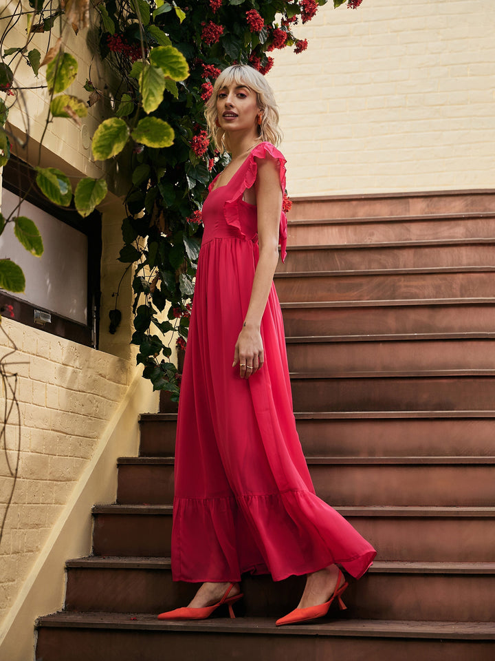 Women's Fuchsia Square Neck Frill Hem Maxi Dress - SASSAFRAS