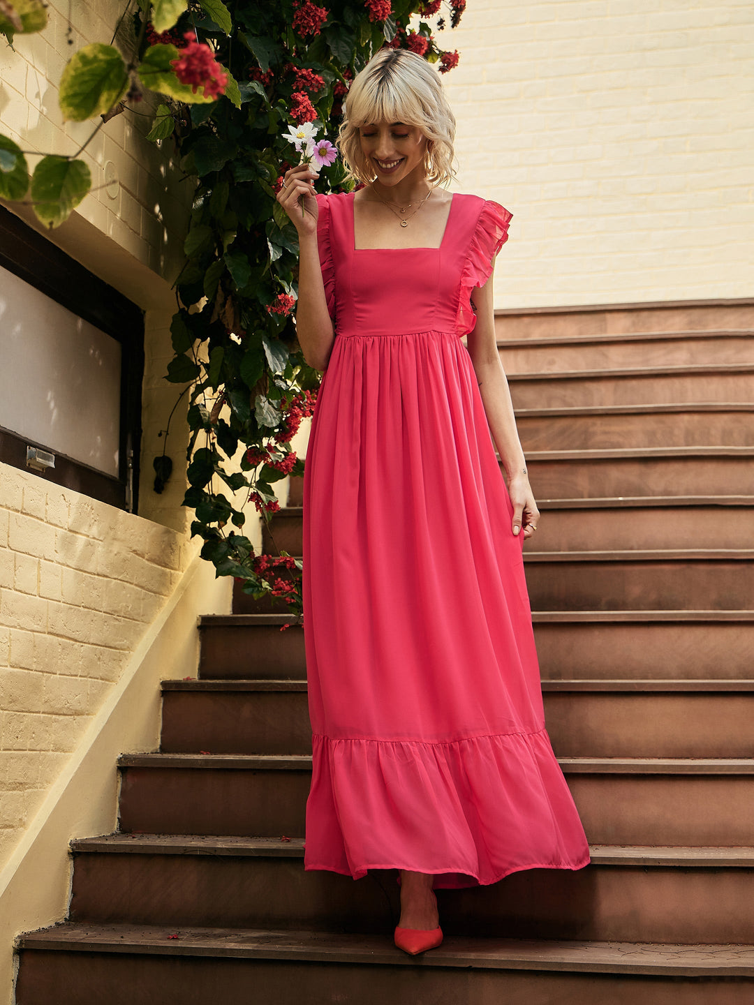 Women's Fuchsia Square Neck Frill Hem Maxi Dress - SASSAFRAS