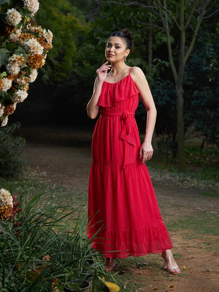 Women's Red Chiffon Lurex Strappy Ruffle Maxi Dress - SASSAFRAS