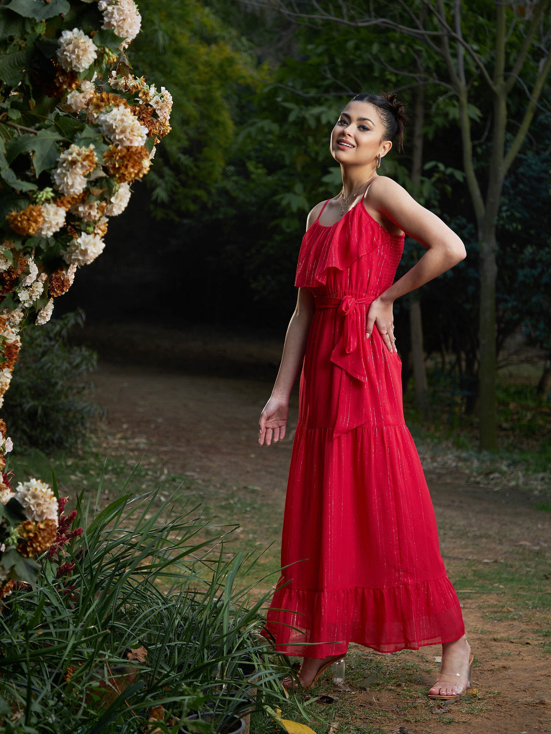 Women's Red Chiffon Lurex Strappy Ruffle Maxi Dress - SASSAFRAS