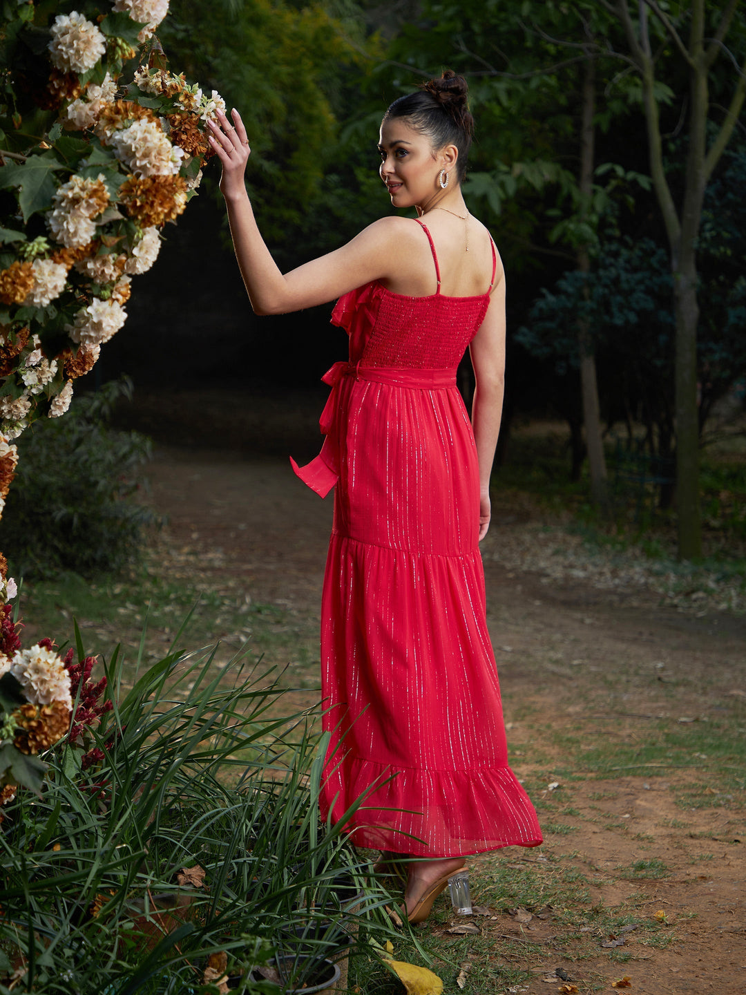 Women's Red Chiffon Lurex Strappy Ruffle Maxi Dress - SASSAFRAS