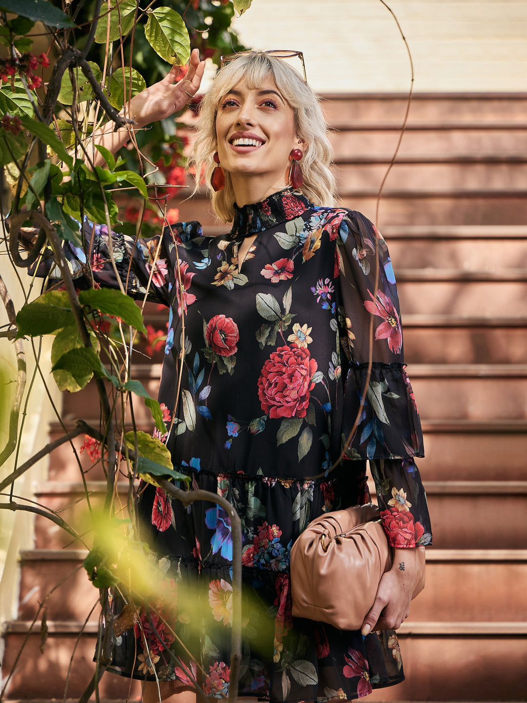Women's Black Chiffon Floral Choker Dress - SASSAFRAS