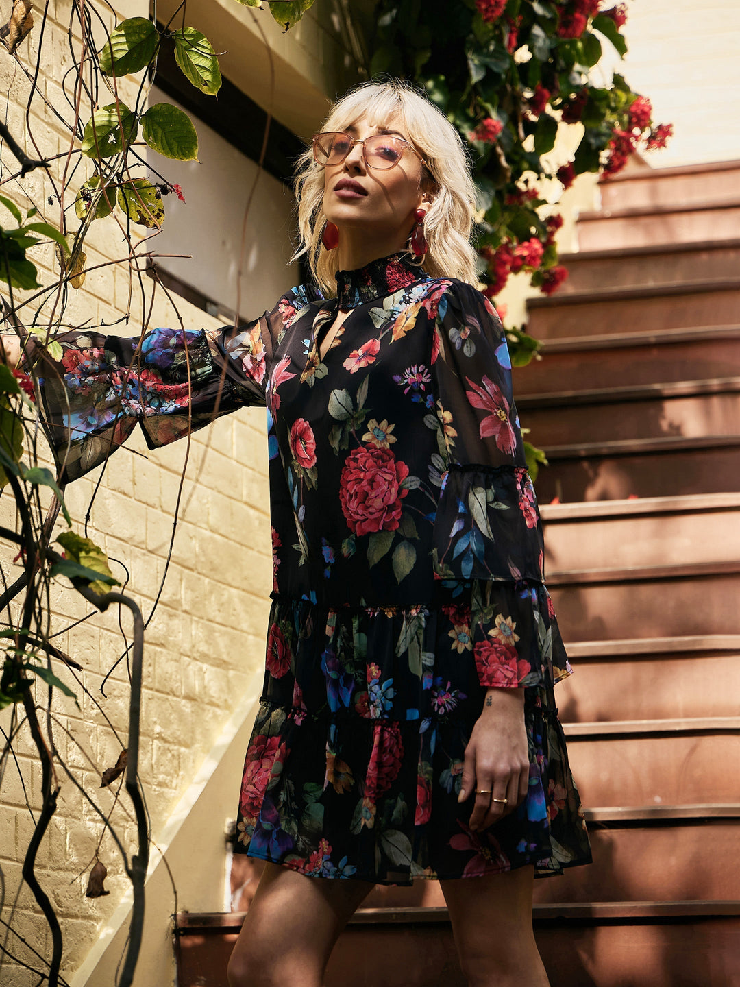 Women's Black Chiffon Floral Choker Dress - SASSAFRAS