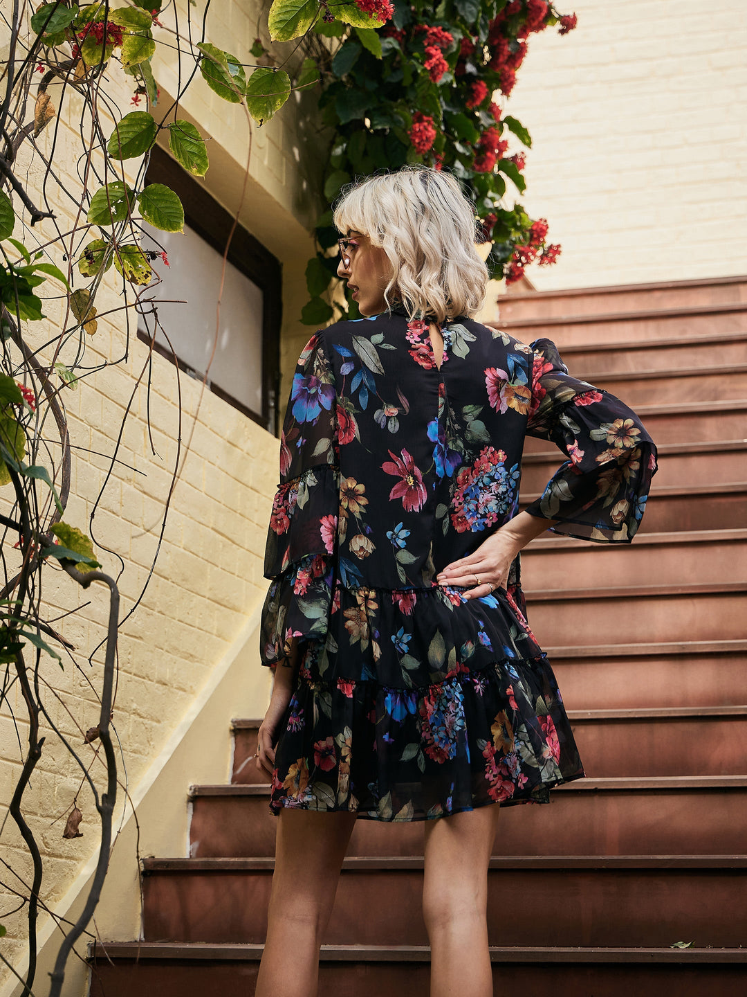 Women's Black Chiffon Floral Choker Dress - SASSAFRAS