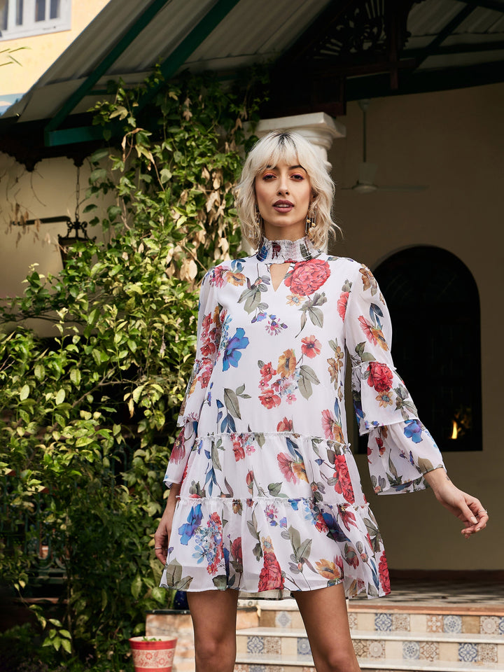 Women's White Chiffon Floral Choker Dress - SASSAFRAS
