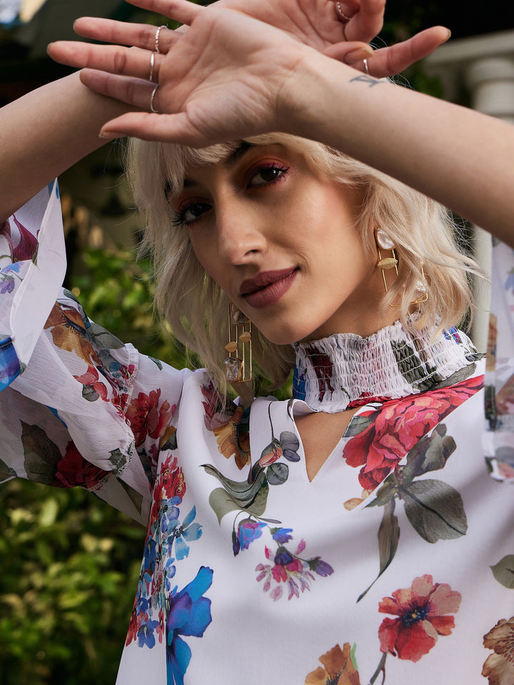 Women's White Chiffon Floral Choker Dress - SASSAFRAS