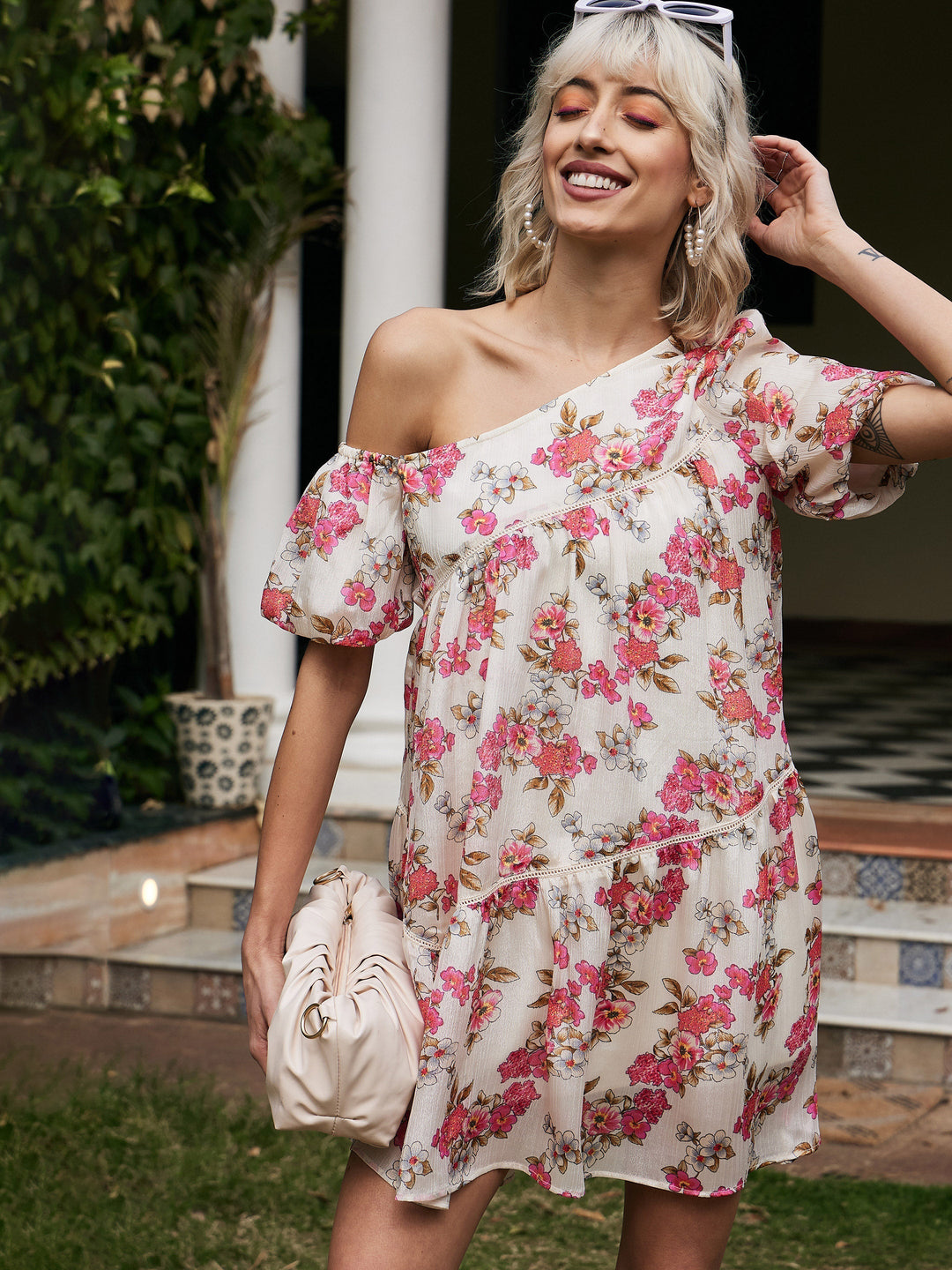 Women's White Floral Chinon One Shoulder Boxy Dress - SASSAFRAS