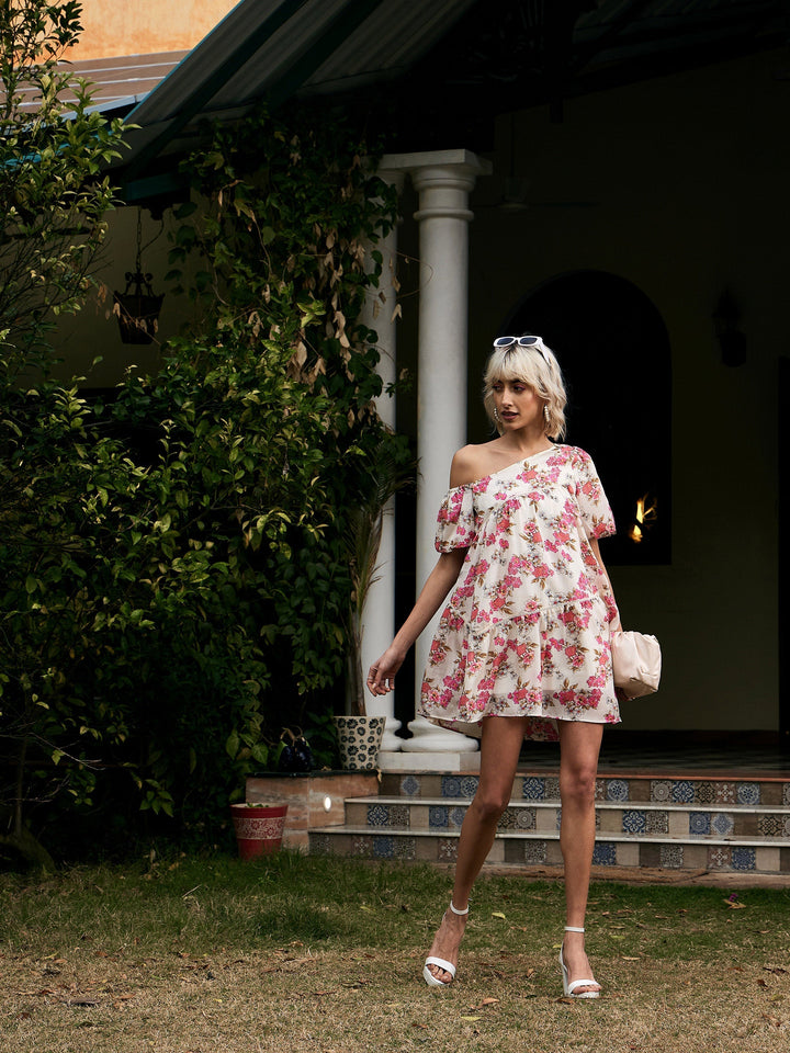 Women's White Floral Chinon One Shoulder Boxy Dress - SASSAFRAS