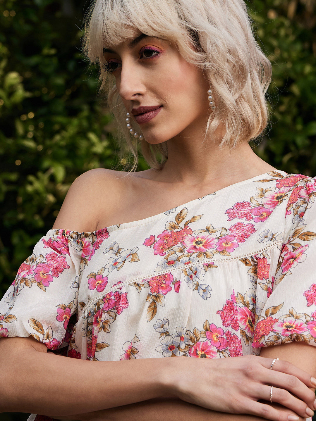 Women's White Floral Chinon One Shoulder Boxy Dress - SASSAFRAS