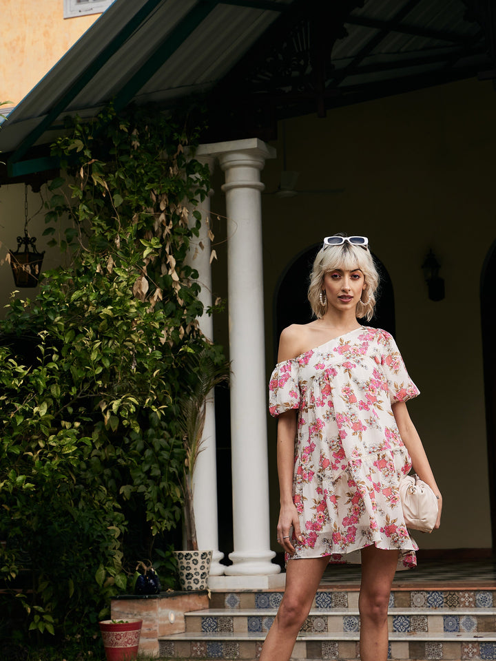 Women's White Floral Chinon One Shoulder Boxy Dress - SASSAFRAS