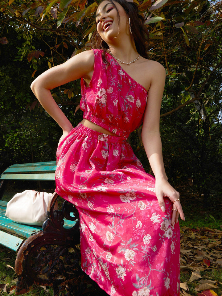 Women's Pink Floral Chinon One Shoulder Side Cut-Out Dress - SASSAFRAS