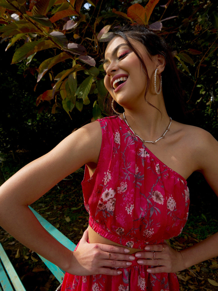 Women's Pink Floral Chinon One Shoulder Side Cut-Out Dress - SASSAFRAS
