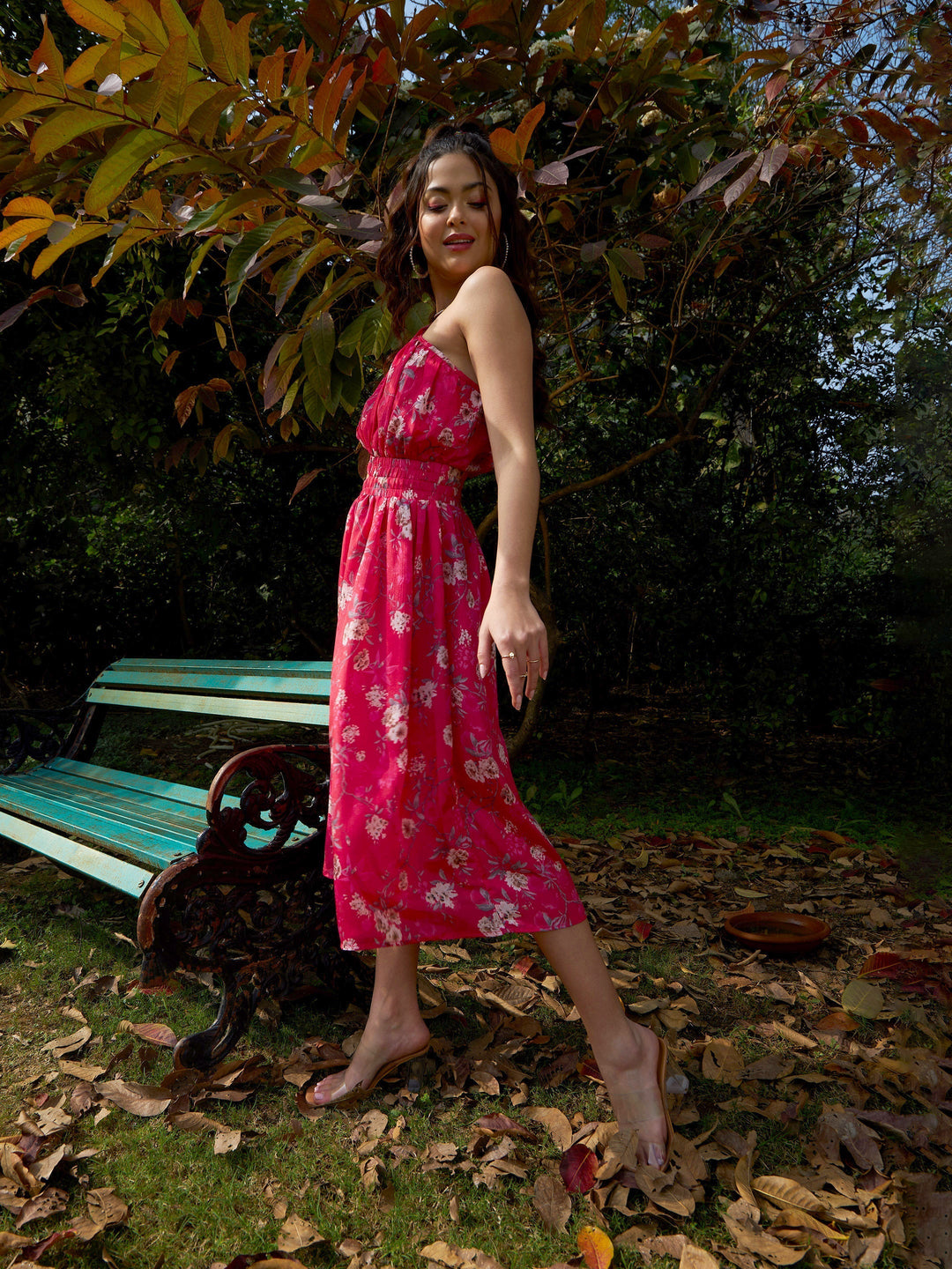 Women's Pink Floral Chinon One Shoulder Side Cut-Out Dress - SASSAFRAS
