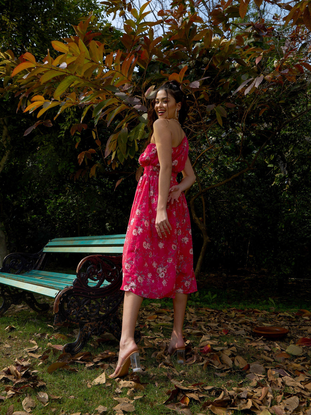Women's Pink Floral Chinon One Shoulder Side Cut-Out Dress - SASSAFRAS