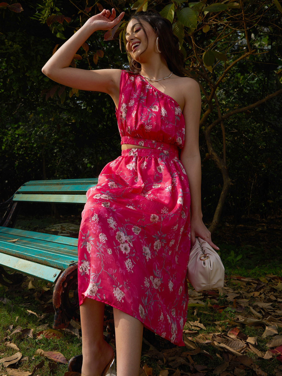 Women's Pink Floral Chinon One Shoulder Side Cut-Out Dress - SASSAFRAS