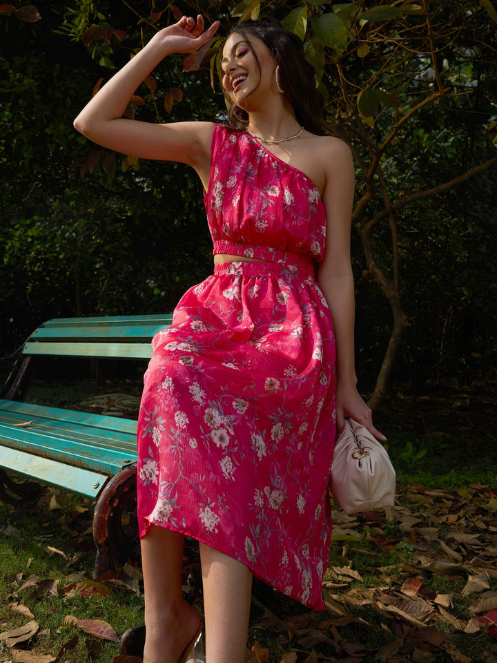 Women's Pink Floral Chinon One Shoulder Side Cut-Out Dress - SASSAFRAS