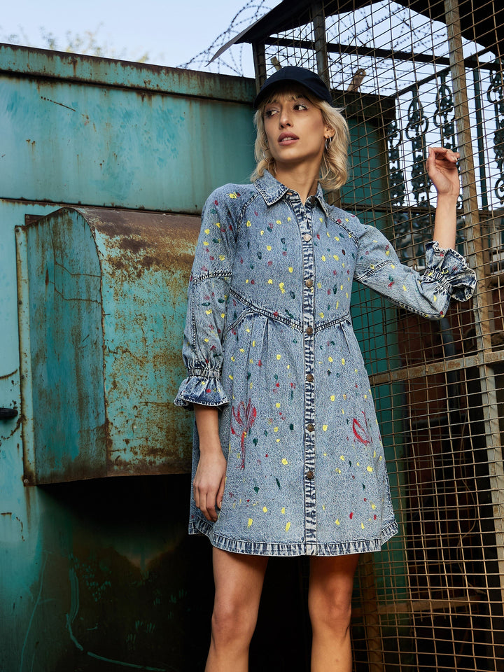 Women's Blue Spray Painted Front Open Skater Dress - SASSAFRAS