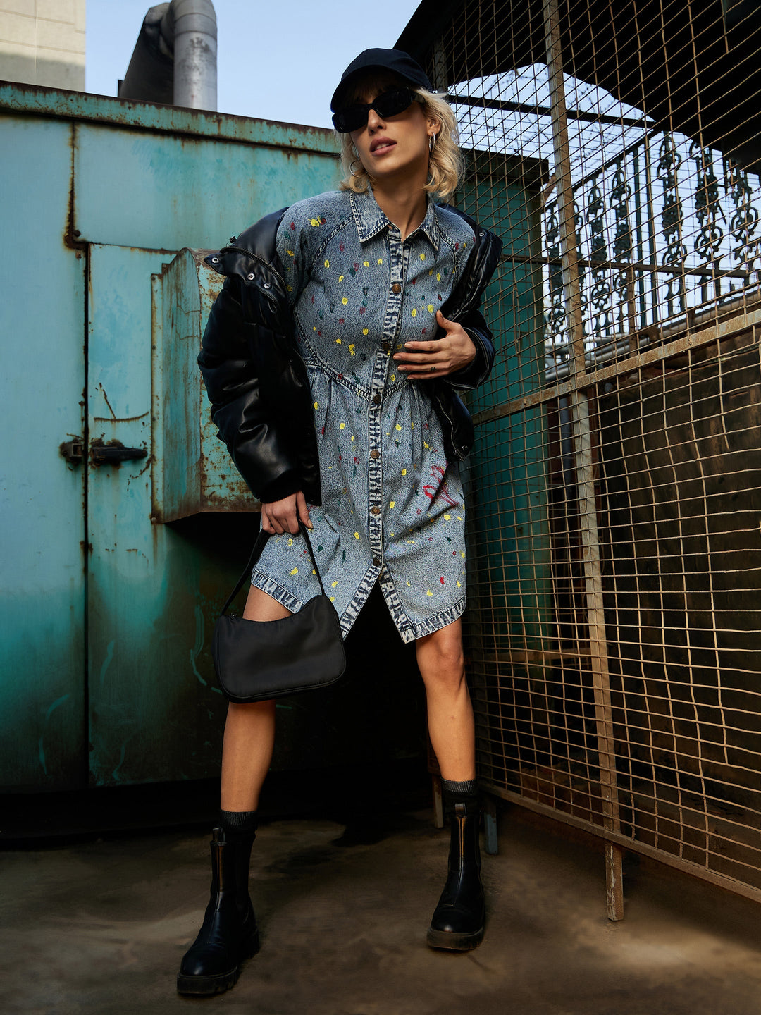 Women's Blue Spray Painted Front Open Skater Dress - SASSAFRAS