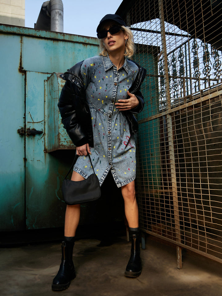 Women's Blue Spray Painted Front Open Skater Dress - SASSAFRAS