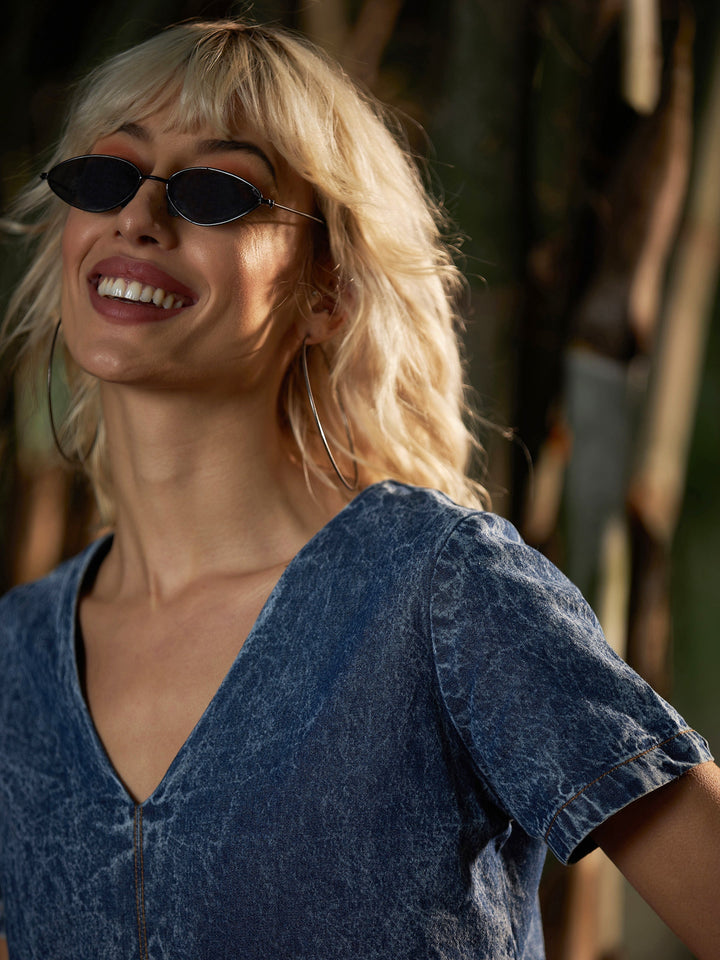 Women's Blue Washed Denim Tiered Short Dress - SASSAFRAS