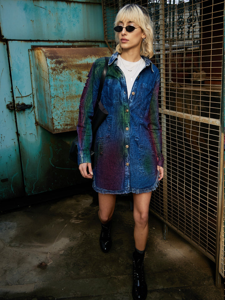 Women's Blue Denim Rainbow Paint High Low Shirt Dress - SASSAFRAS