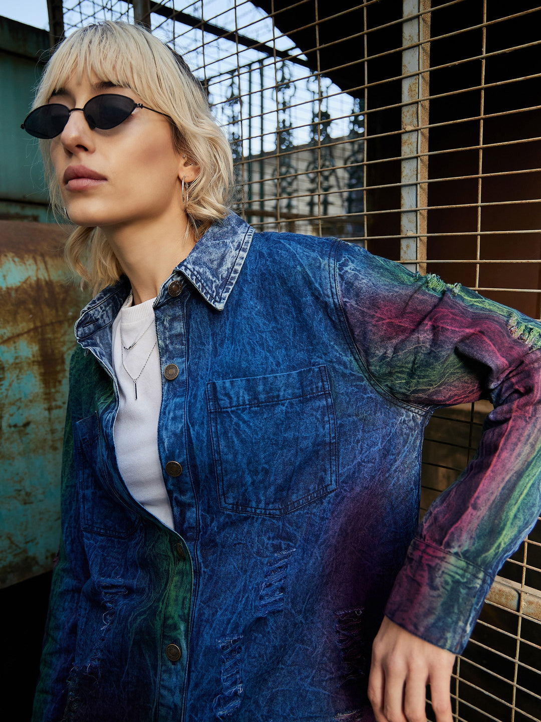 Women's Blue Denim Rainbow Paint High Low Shirt Dress - SASSAFRAS