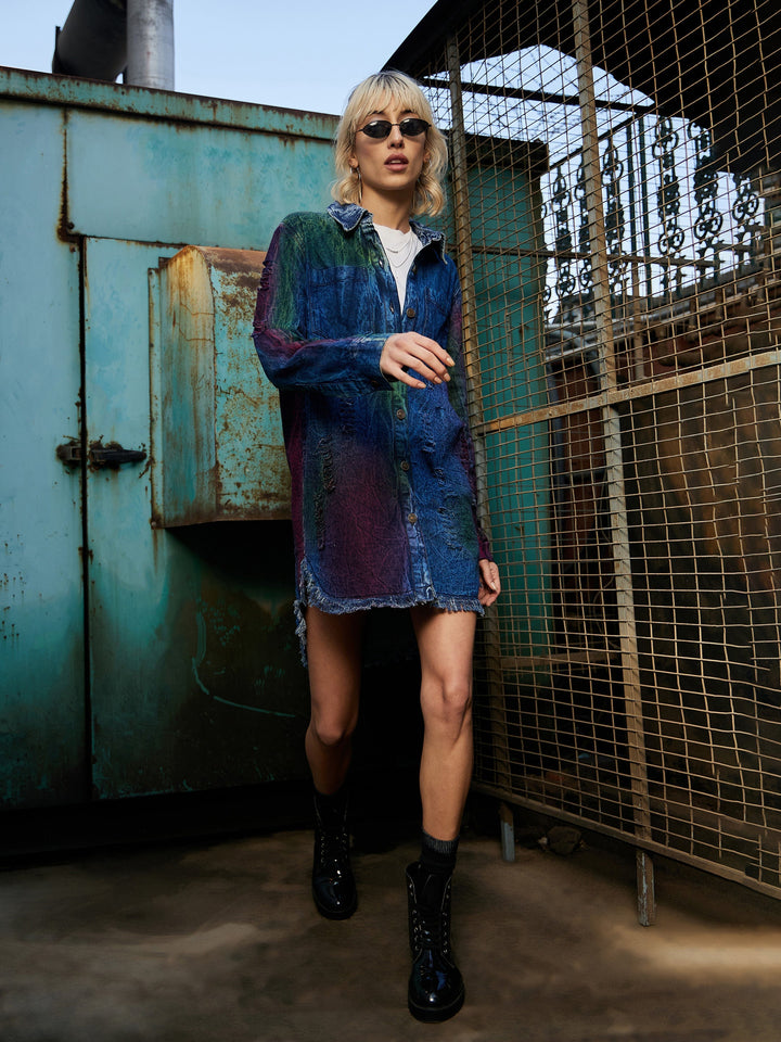 Women's Blue Denim Rainbow Paint High Low Shirt Dress - SASSAFRAS