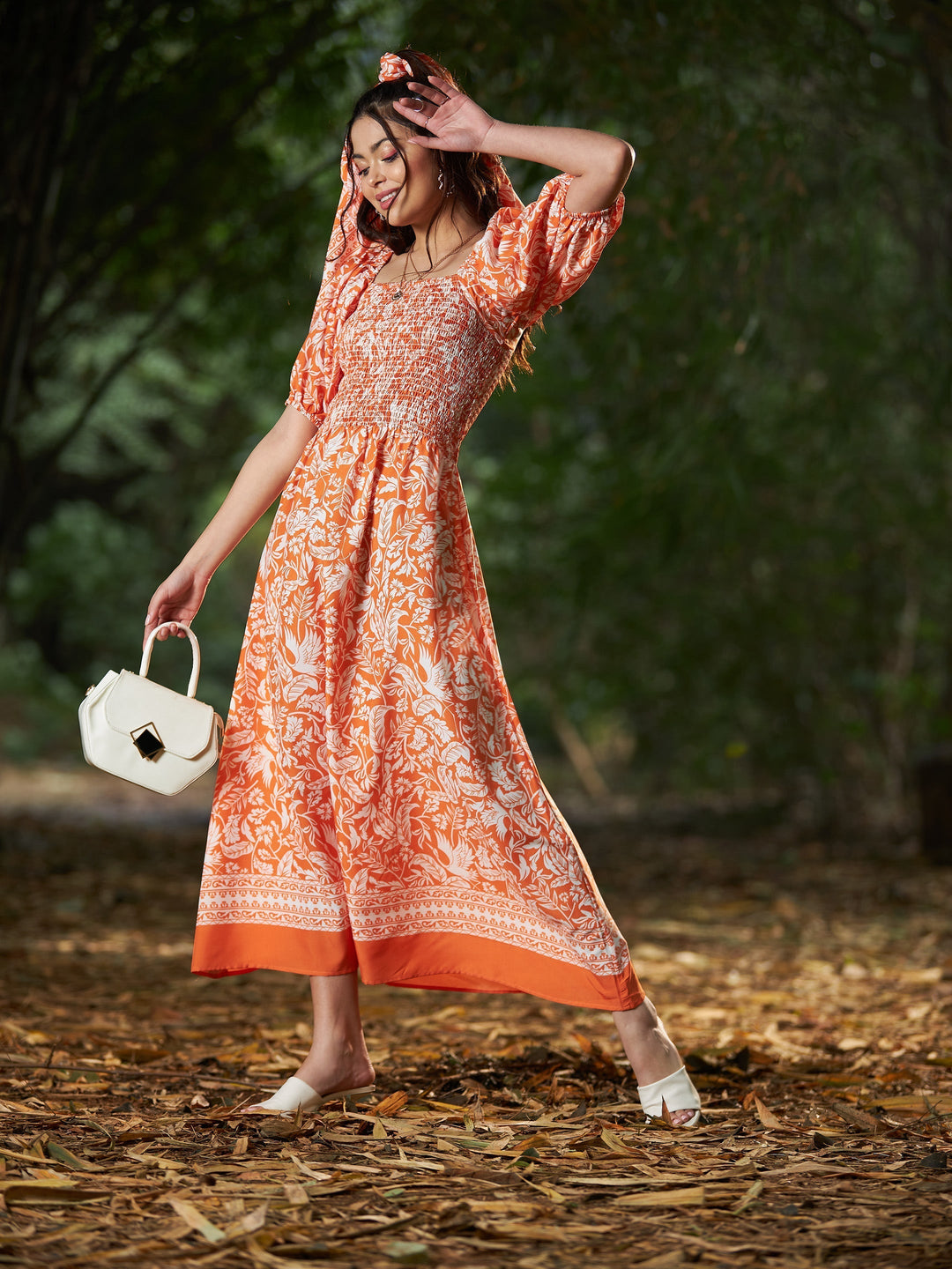 Women's Orange Floral Puff Sleeve A-Line Midi Dress - SASSAFRAS