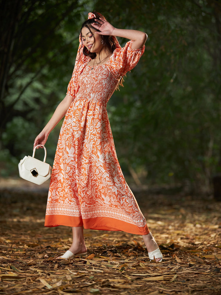 Women's Orange Floral Puff Sleeve A-Line Midi Dress - SASSAFRAS