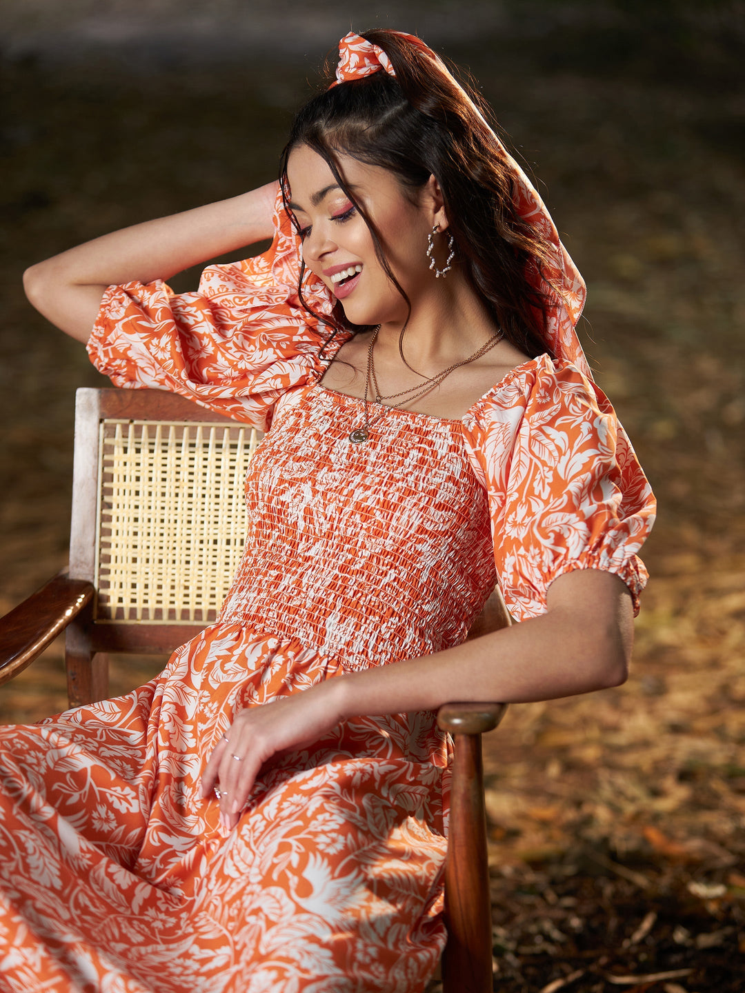 Women's Orange Floral Puff Sleeve A-Line Midi Dress - SASSAFRAS